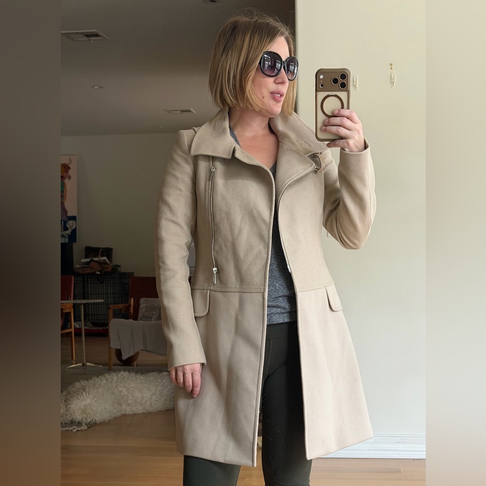 Karen Millen Size 6 Cashmere Blend Tan Cream Jacket Beige Trench Coat Pockets